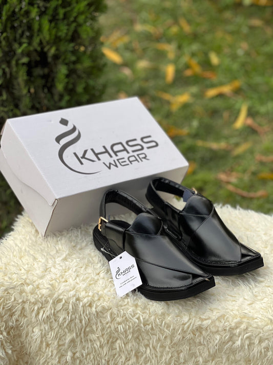 KHASS Noir Black Shine Soft Peshawari Chappal